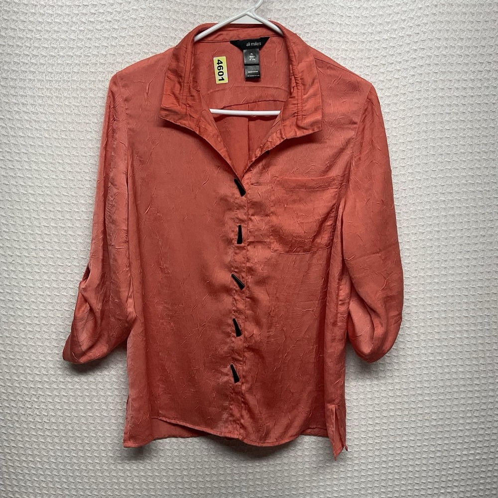 Ali Miles Women L Petite Coral Orange Crinkle Toggle Button Up Tunic Shirt